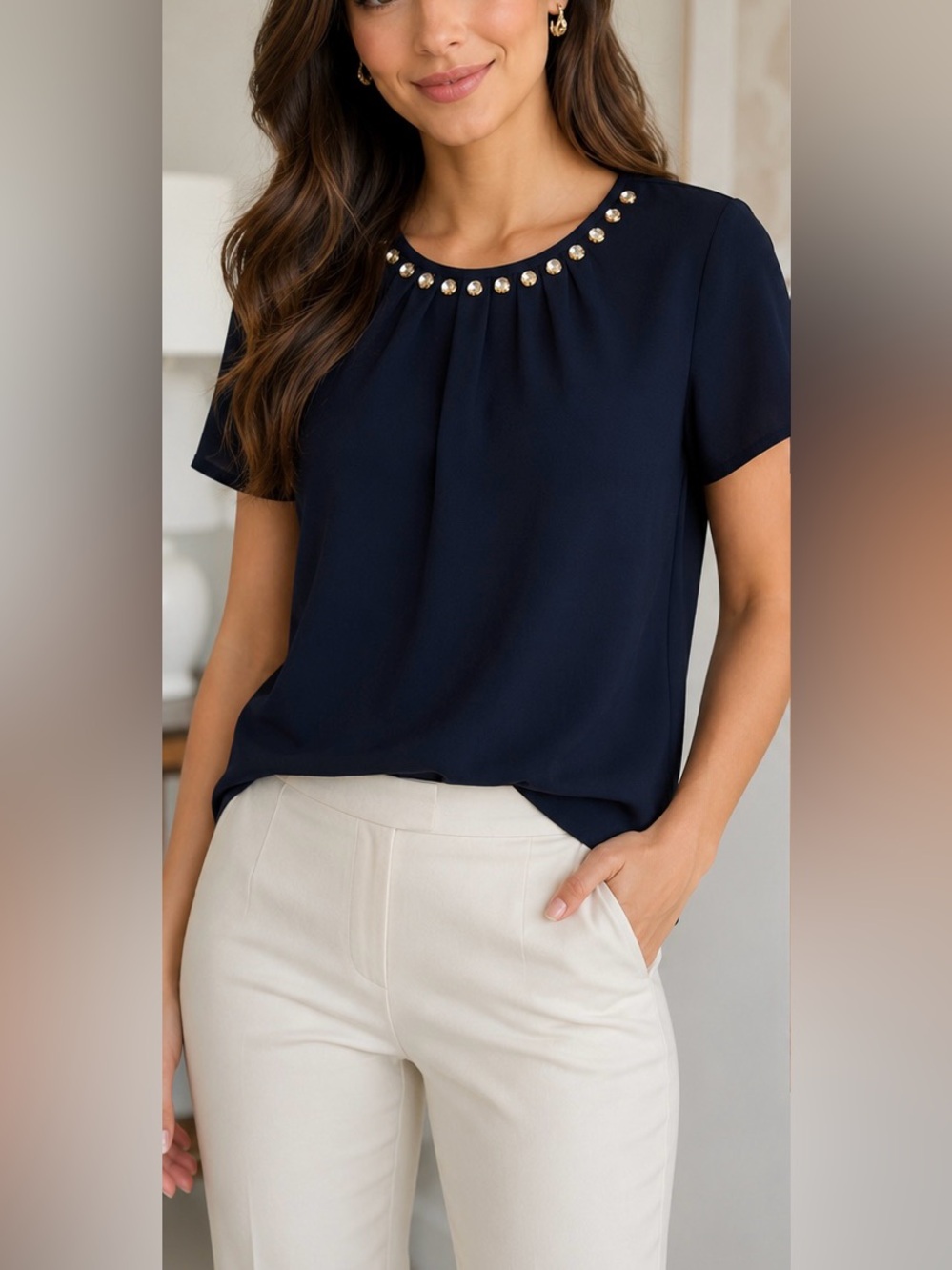 Kate Spade New York Embellished Jewel Neck Navy Blouse Size 10